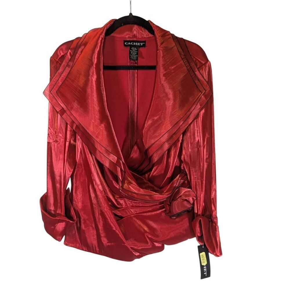 NWT Cachet Red Faux Wrap Rouche Formal Silky Blouse Satin Feel Hidden full lengt